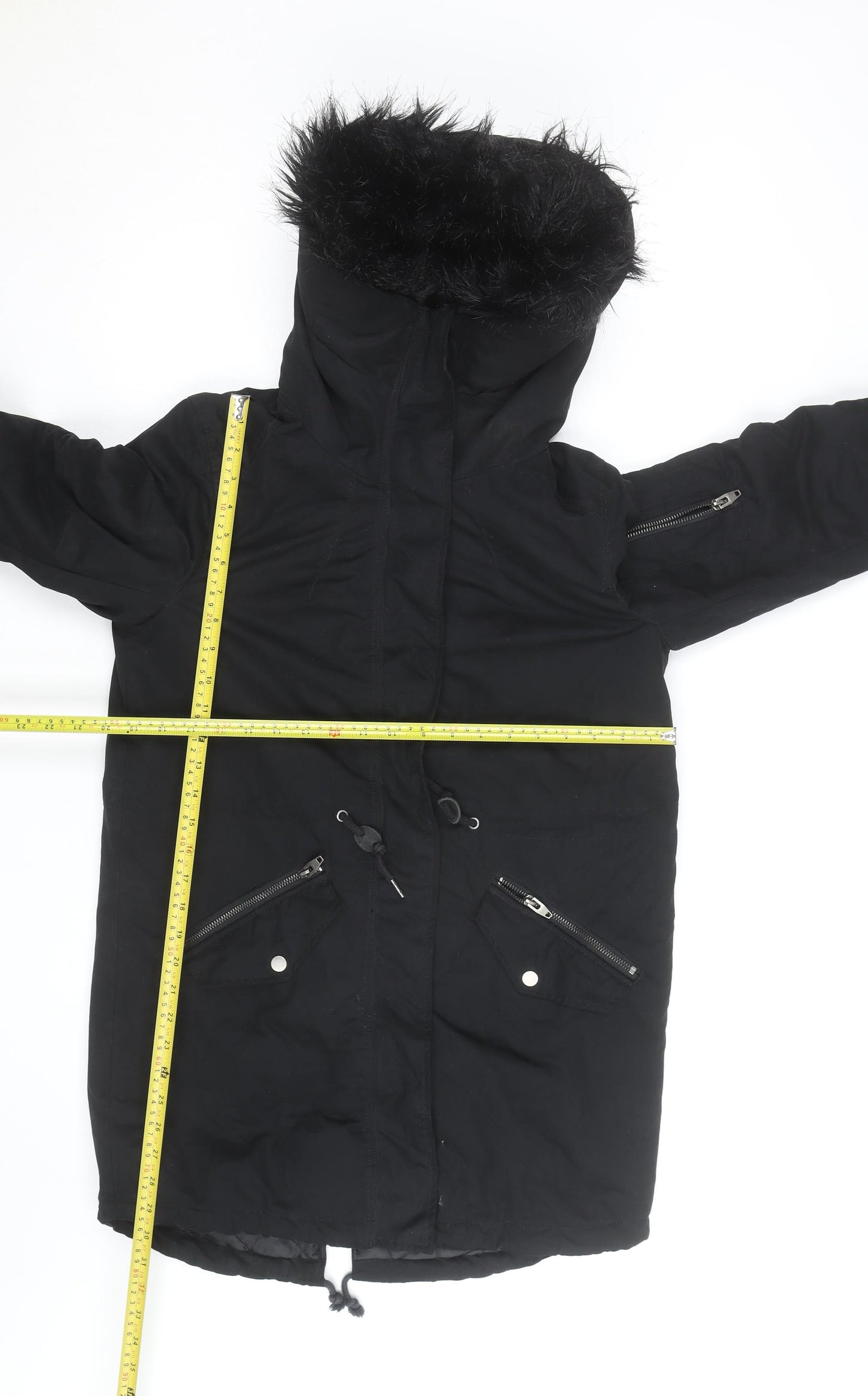 H&M Women’s Black Parka Coat Size 12 Hooded Faux Fur Trim Winter Jacket