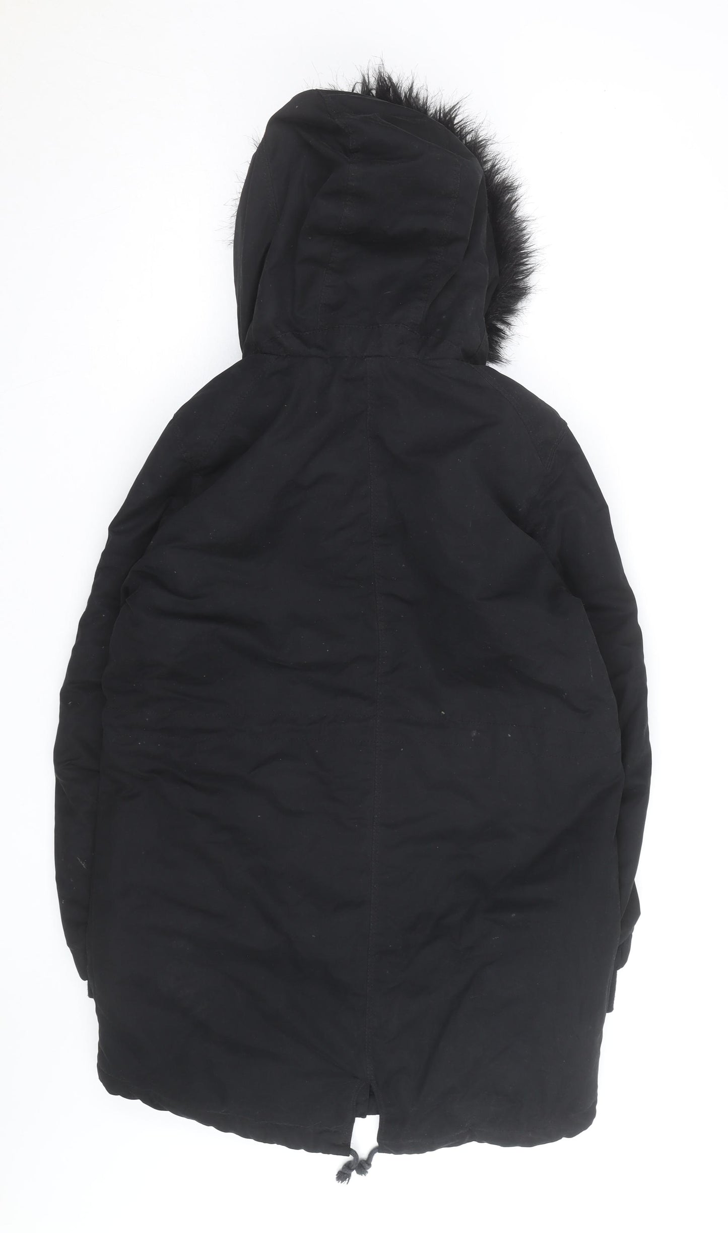 H&M Women’s Black Parka Coat Size 12 Hooded Faux Fur Trim Winter Jacket