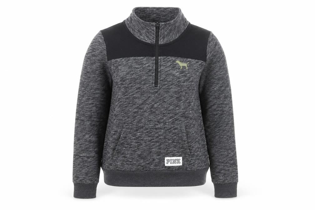 Front view of Victoria’s Secret PINK Women's Grey 1/4 Zip Pullover Sweatshirt, size L