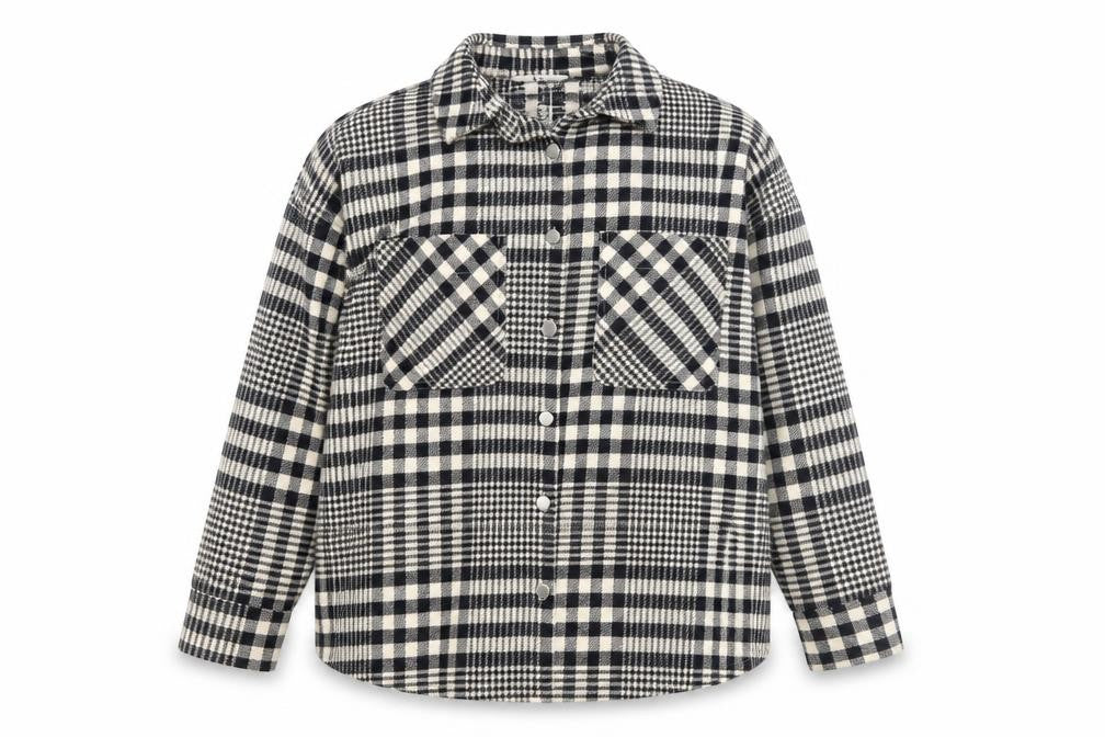 Front view of Tu Women Black Check Flannel Shacket, size 8, Button Front