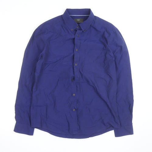 Marks and Spencer Men's Blue Cotton Button-Down Long Sleeve Shirt L