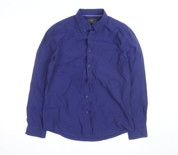 Marks and Spencer Men's Blue Cotton Button-Down Long Sleeve Shirt L
