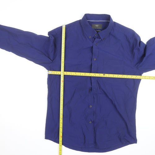 Marks and Spencer Men's Blue Cotton Button-Down Long Sleeve Shirt L