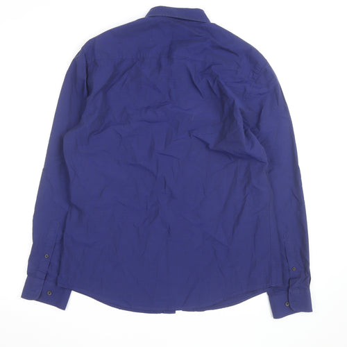 Marks and Spencer Men's Blue Cotton Button-Down Long Sleeve Shirt L