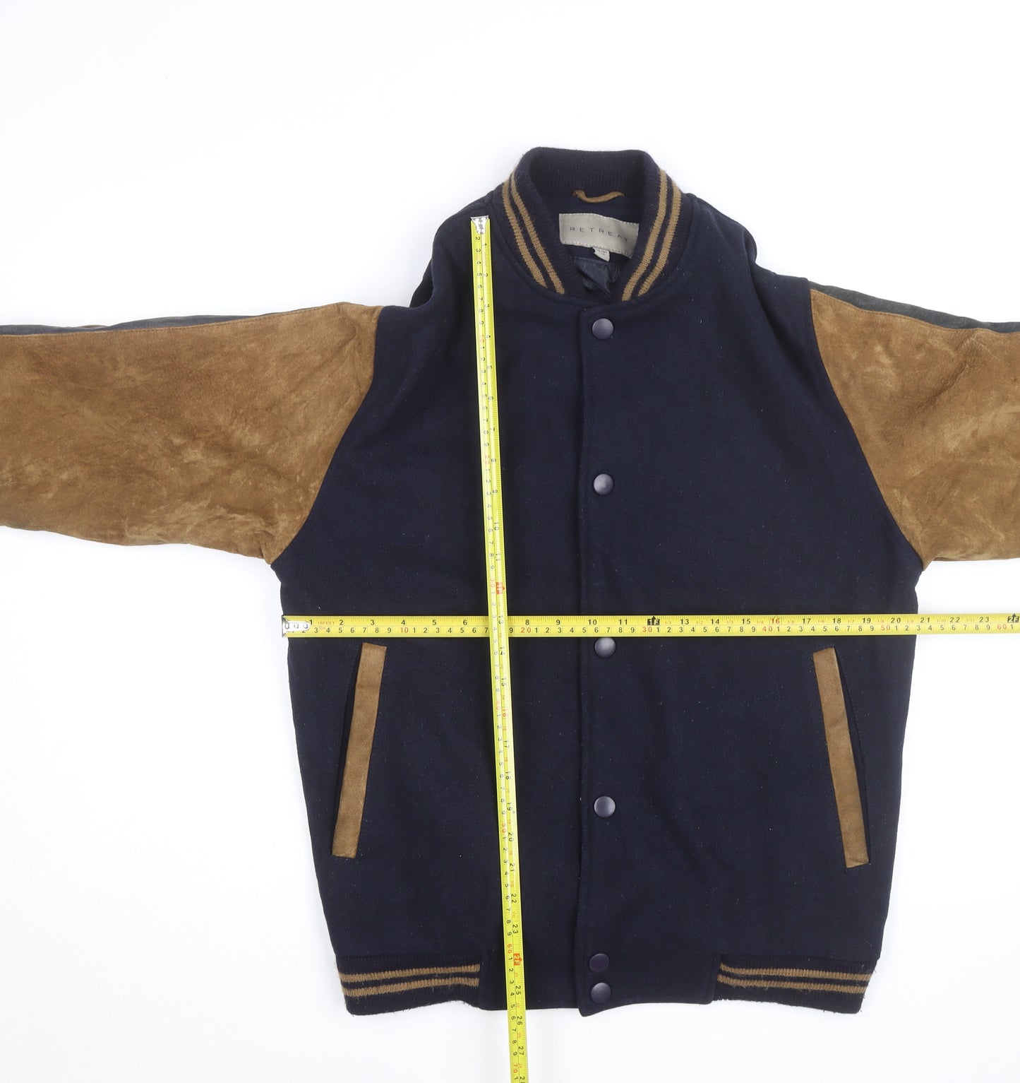 RETREAT Men's Blue Wool Leather Varsity Jacket Size S