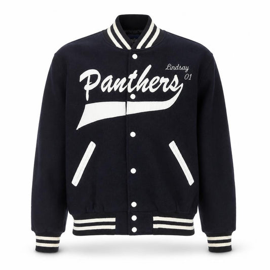 Front view of Holloway Men’s Blue Wool Varsity College Jacket, size M, Retro USA