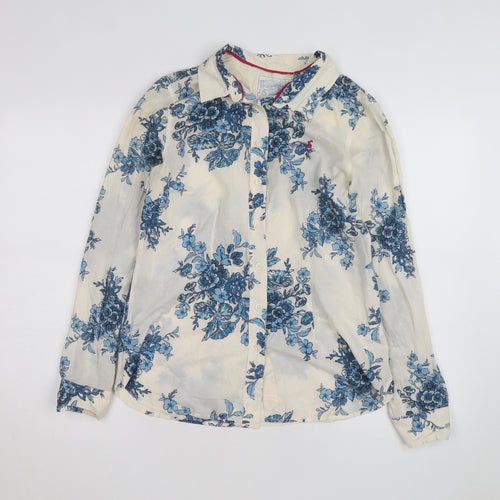 Joules Women’s Ivory Blue Floral Long Sleeve Cotton Button-Up Shirt Size 12