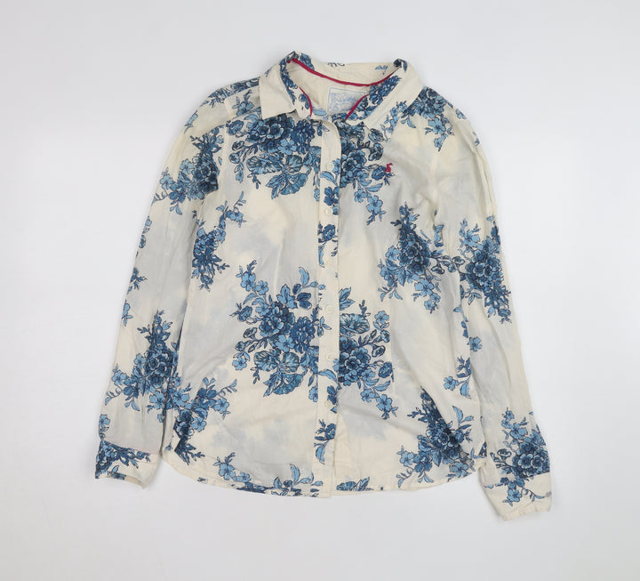 Joules Women’s Ivory Blue Floral Long Sleeve Cotton Button-Up Shirt Size 12
