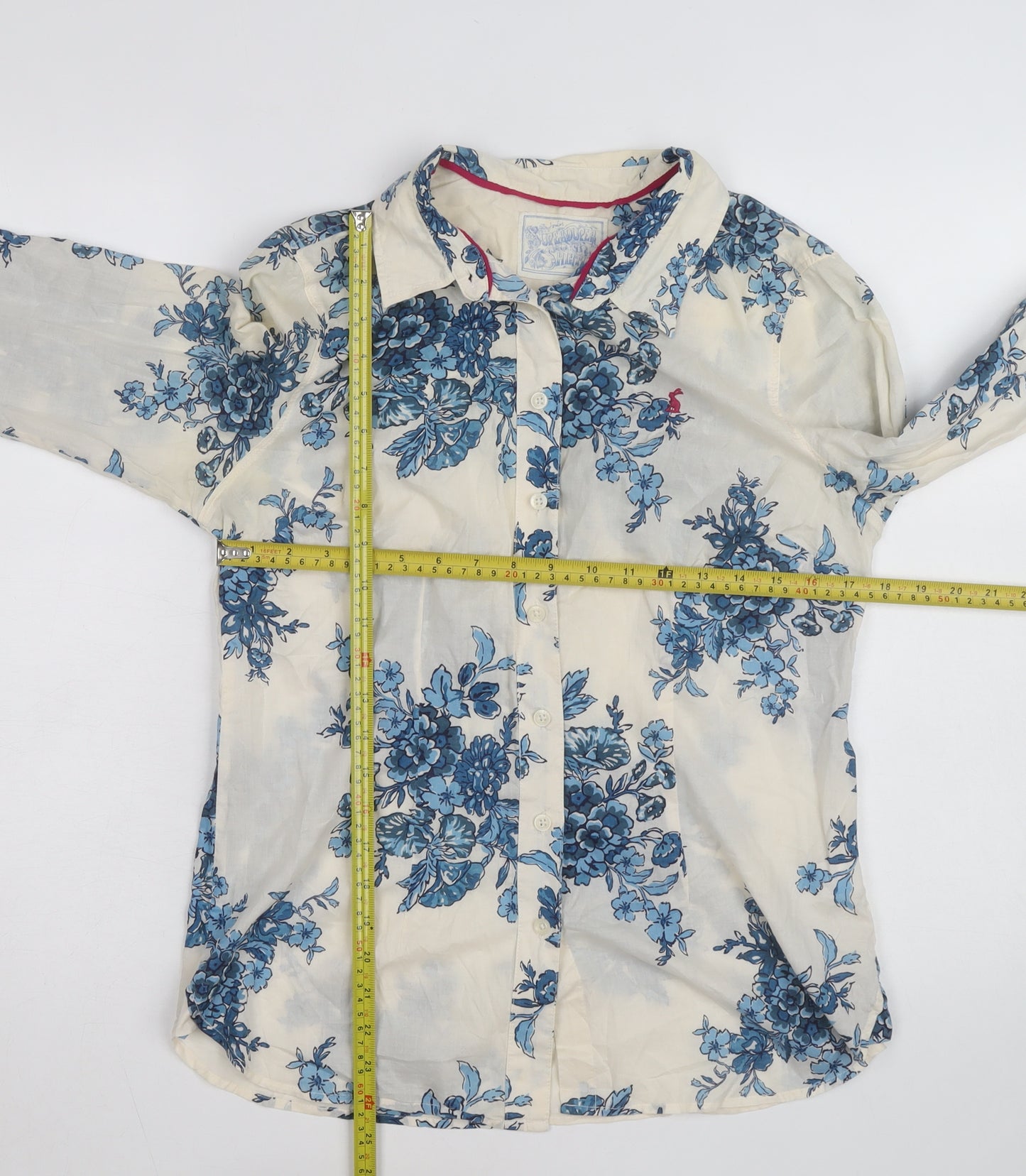 Joules Women’s Ivory Blue Floral Long Sleeve Cotton Button-Up Shirt Size 12