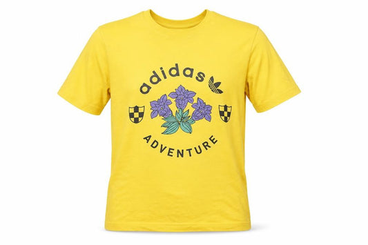 Front view of Adidas men’s yellow adventure graphic cotton t-shirt xs
