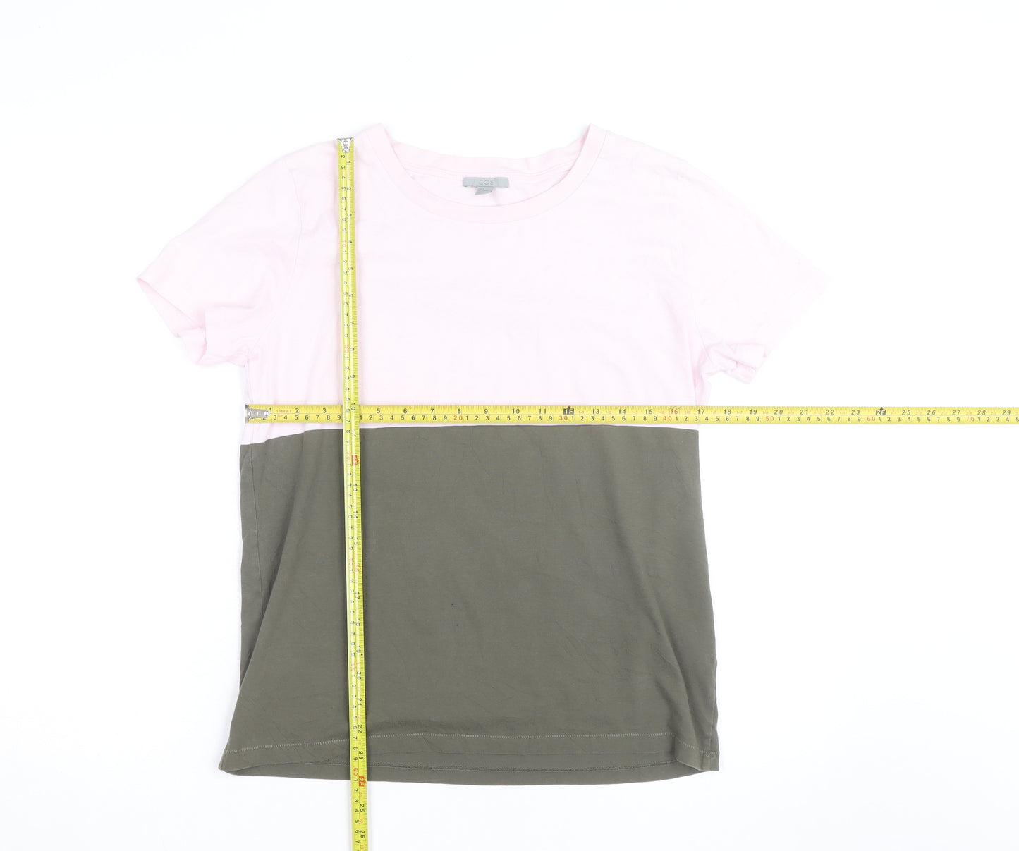 COS Men's Pink and Green Colourblock Cotton T-Shirt Size M