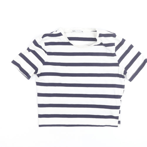 Zara Women's Navy White Striped Cropped T-Shirt Size 12