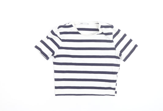 Zara Women's Navy White Striped Cropped T-Shirt Size 12