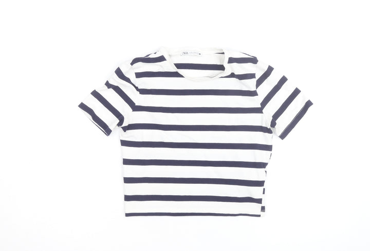 Zara Women's Navy White Striped Cropped T-Shirt Size 12