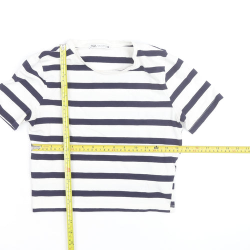 Zara Women's Navy White Striped Cropped T-Shirt Size 12