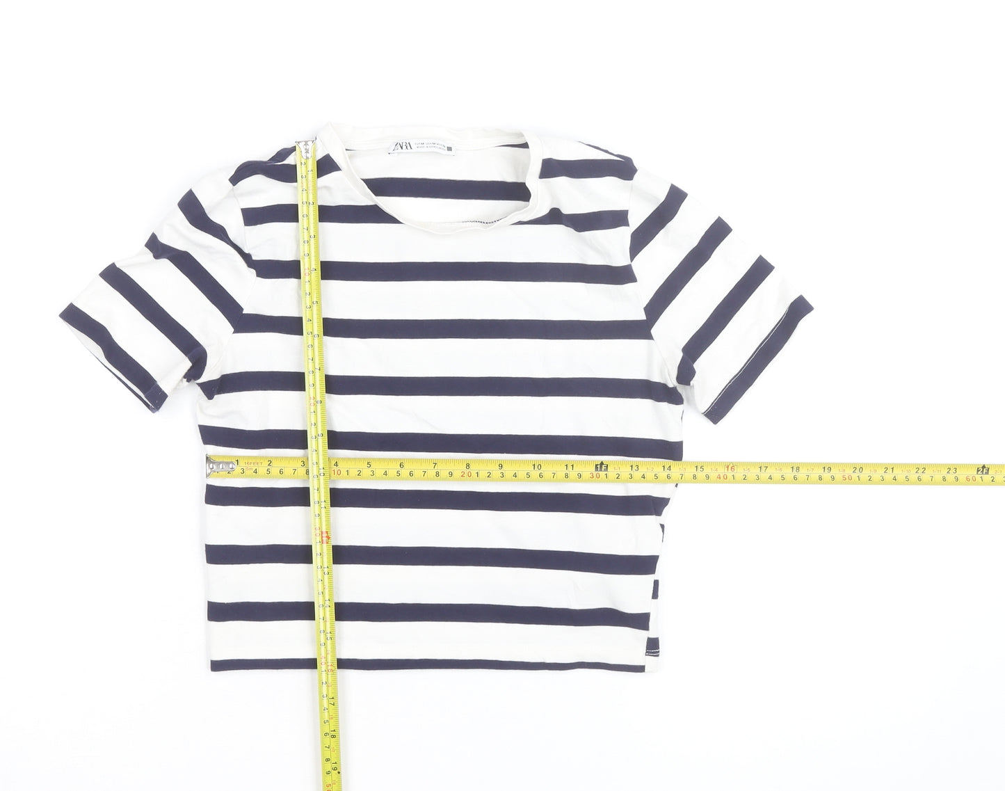 Zara Women's Navy White Striped Cropped T-Shirt Size 12