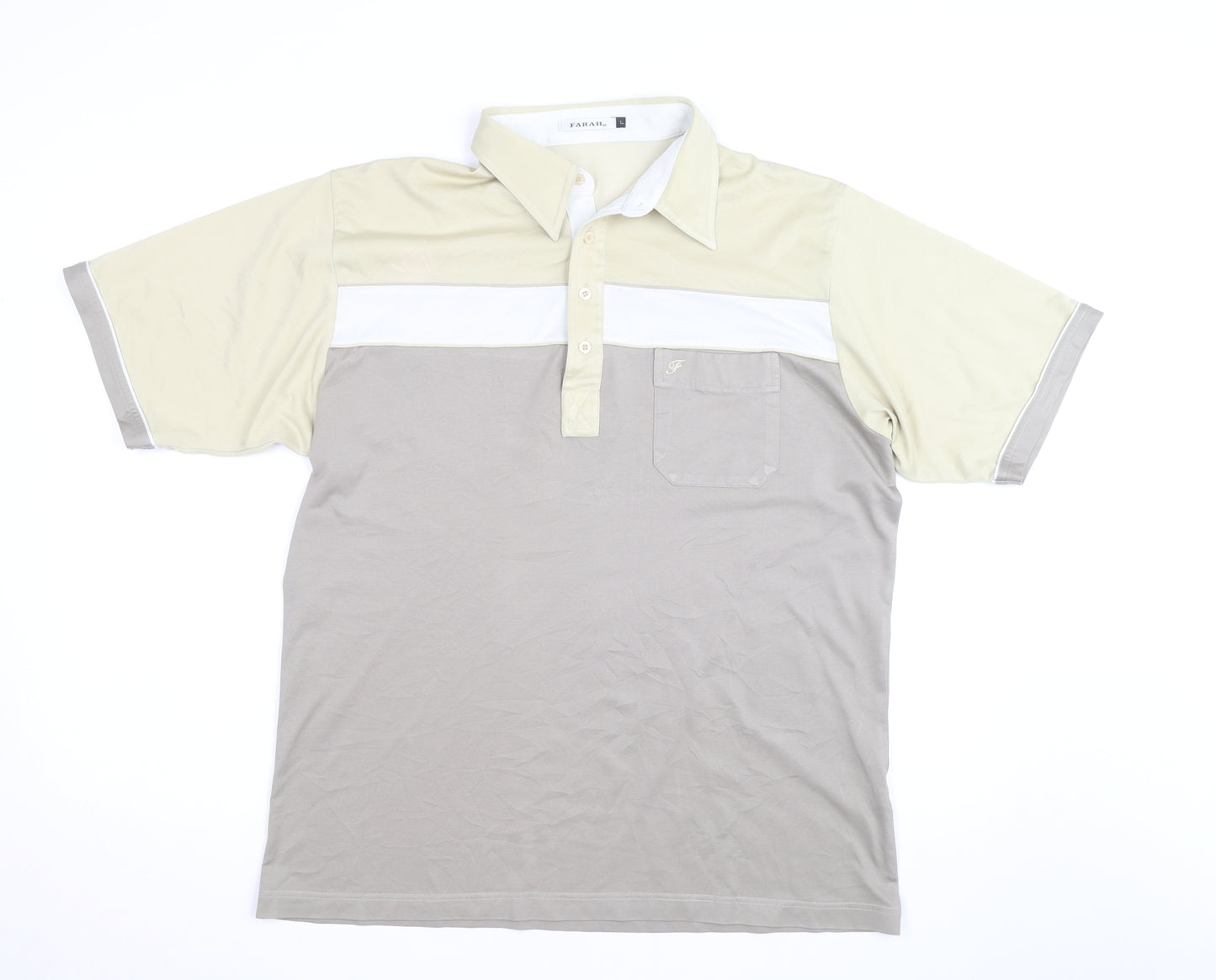 Farah Men’s Beige Colourblock Polo Shirt Size L Short Sleeve