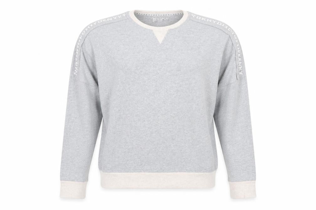 Front view of DKNY Men’s Grey jumper, size S, Crew Neck Logo Trim