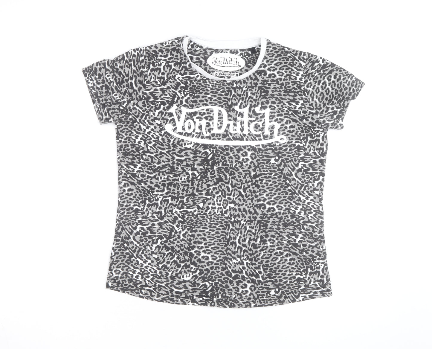 Von Dutch Womens Grey Animal Print Cotton T-Shirt Size 12
