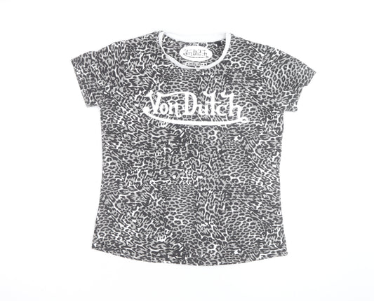 Von Dutch Womens Grey Animal Print Cotton T-Shirt Size 12