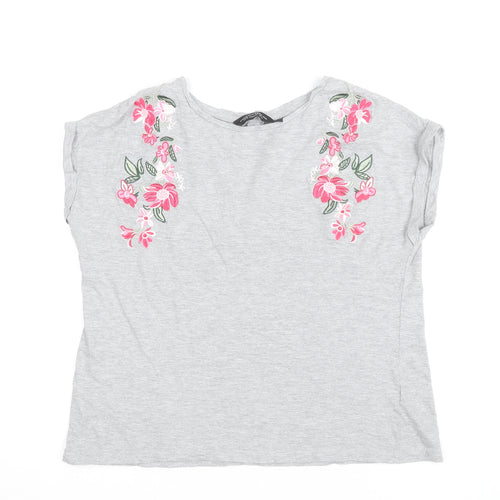 Dorothy Perkins Women's Grey Floral Embroidered T-Shirt Size 14