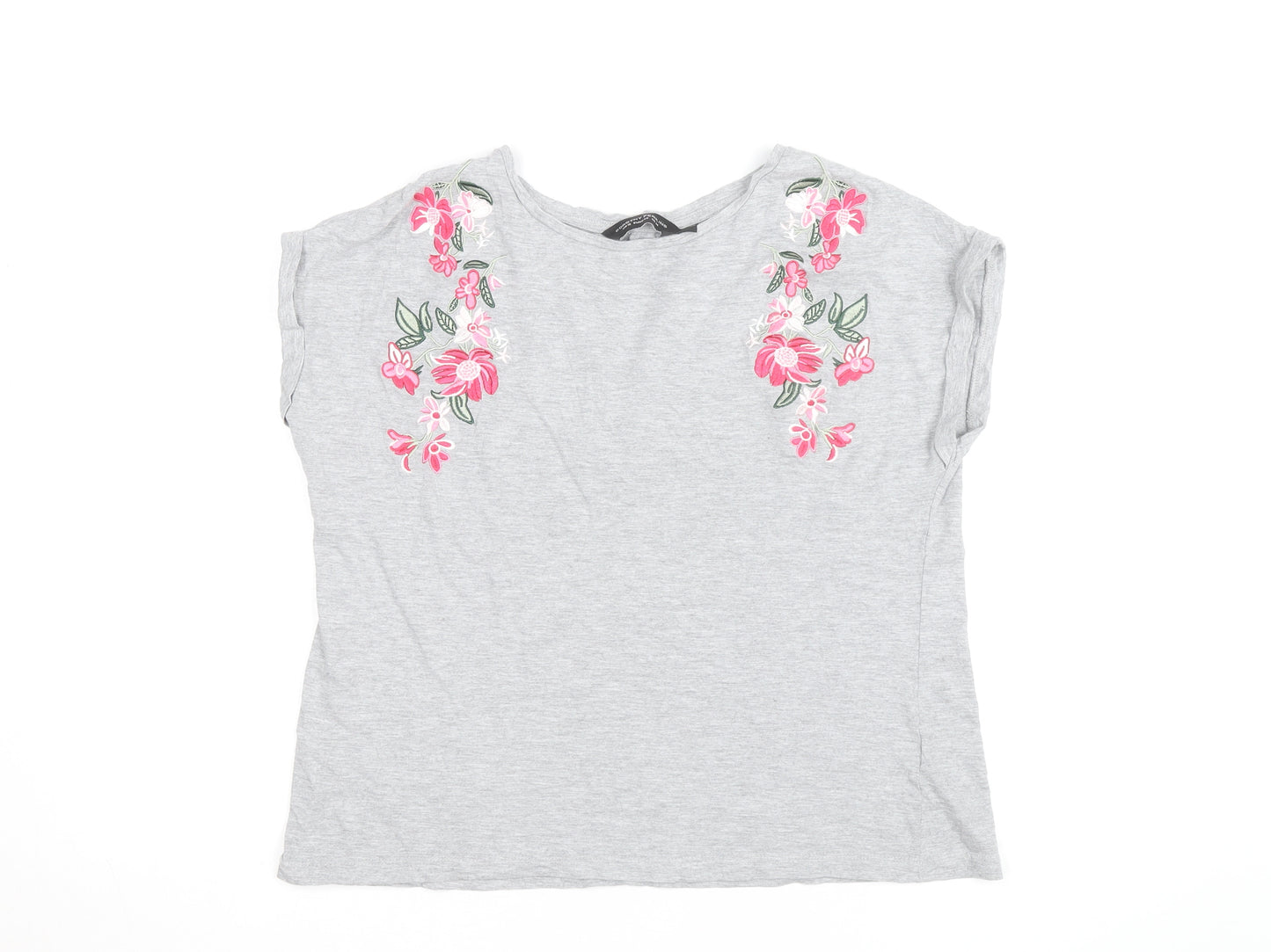 Dorothy Perkins Women's Grey Floral Embroidered T-Shirt Size 14