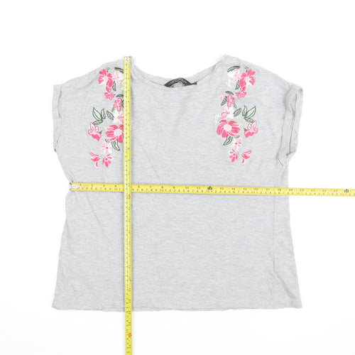 Dorothy Perkins Women's Grey Floral Embroidered T-Shirt Size 14