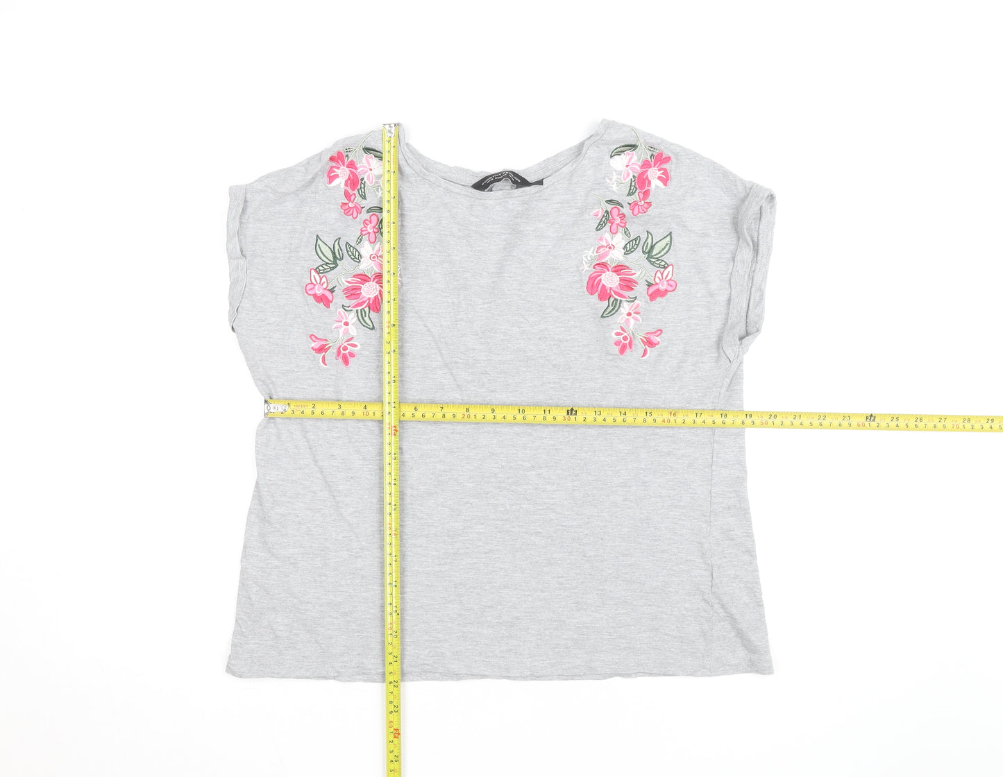 Dorothy Perkins Women's Grey Floral Embroidered T-Shirt Size 14