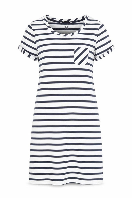 Front view of Crew Clothing Women's Blue Striped T-Shirt Dress, size 10