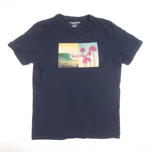 Jack & Jones Mens Blue Regular Fit Graphic Beach T-Shirt Size M