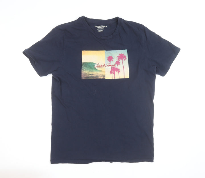 Jack & Jones Mens Blue Regular Fit Graphic Beach T-Shirt Size M