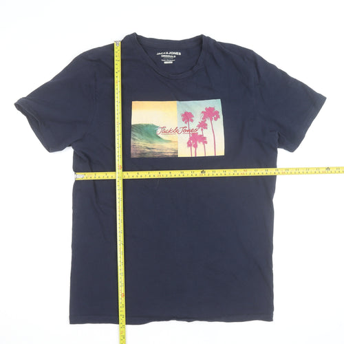 Jack & Jones Mens Blue Regular Fit Graphic Beach T-Shirt Size M