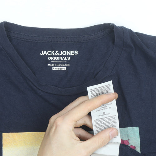 Jack & Jones Mens Blue Regular Fit Graphic Beach T-Shirt Size M