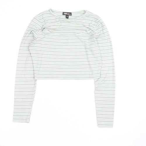Pink Vanilla Women's Green Striped Cropped Long Sleeve T-Shirt Size M