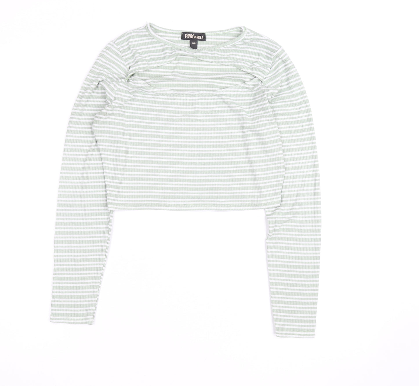 Pink Vanilla Women's Green Striped Cropped Long Sleeve T-Shirt Size M