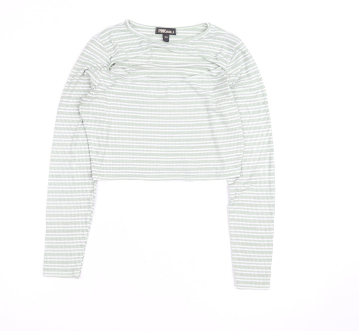 Pink Vanilla Women's Green Striped Cropped Long Sleeve T-Shirt Size M