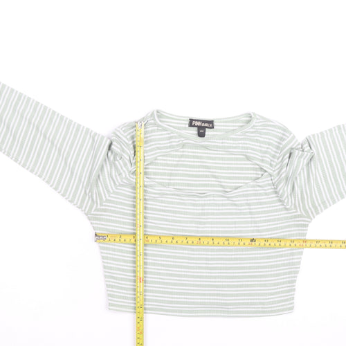 Pink Vanilla Women's Green Striped Cropped Long Sleeve T-Shirt Size M