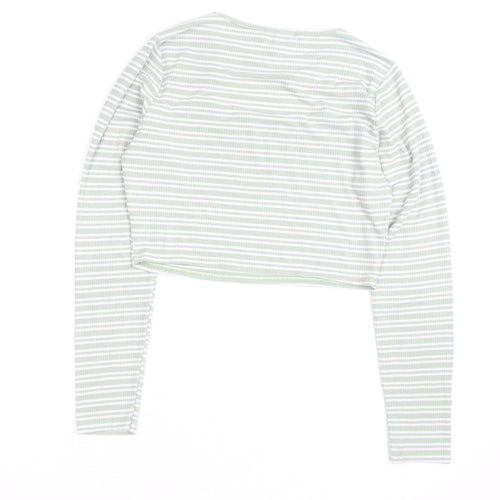 Pink Vanilla Women's Green Striped Cropped Long Sleeve T-Shirt Size M