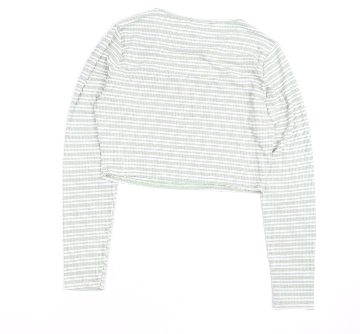Pink Vanilla Women's Green Striped Cropped Long Sleeve T-Shirt Size M