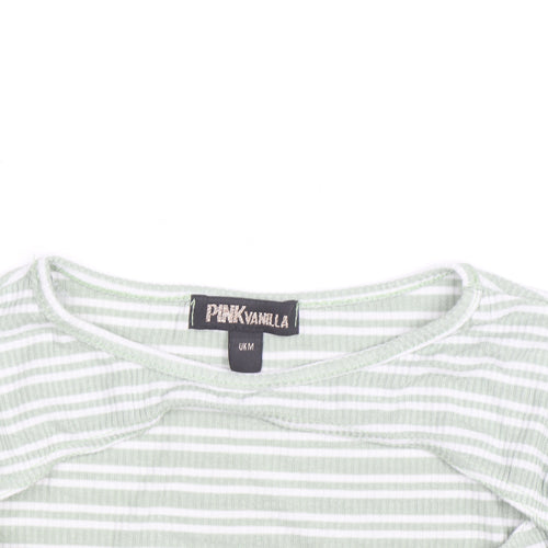 Pink Vanilla Women's Green Striped Cropped Long Sleeve T-Shirt Size M
