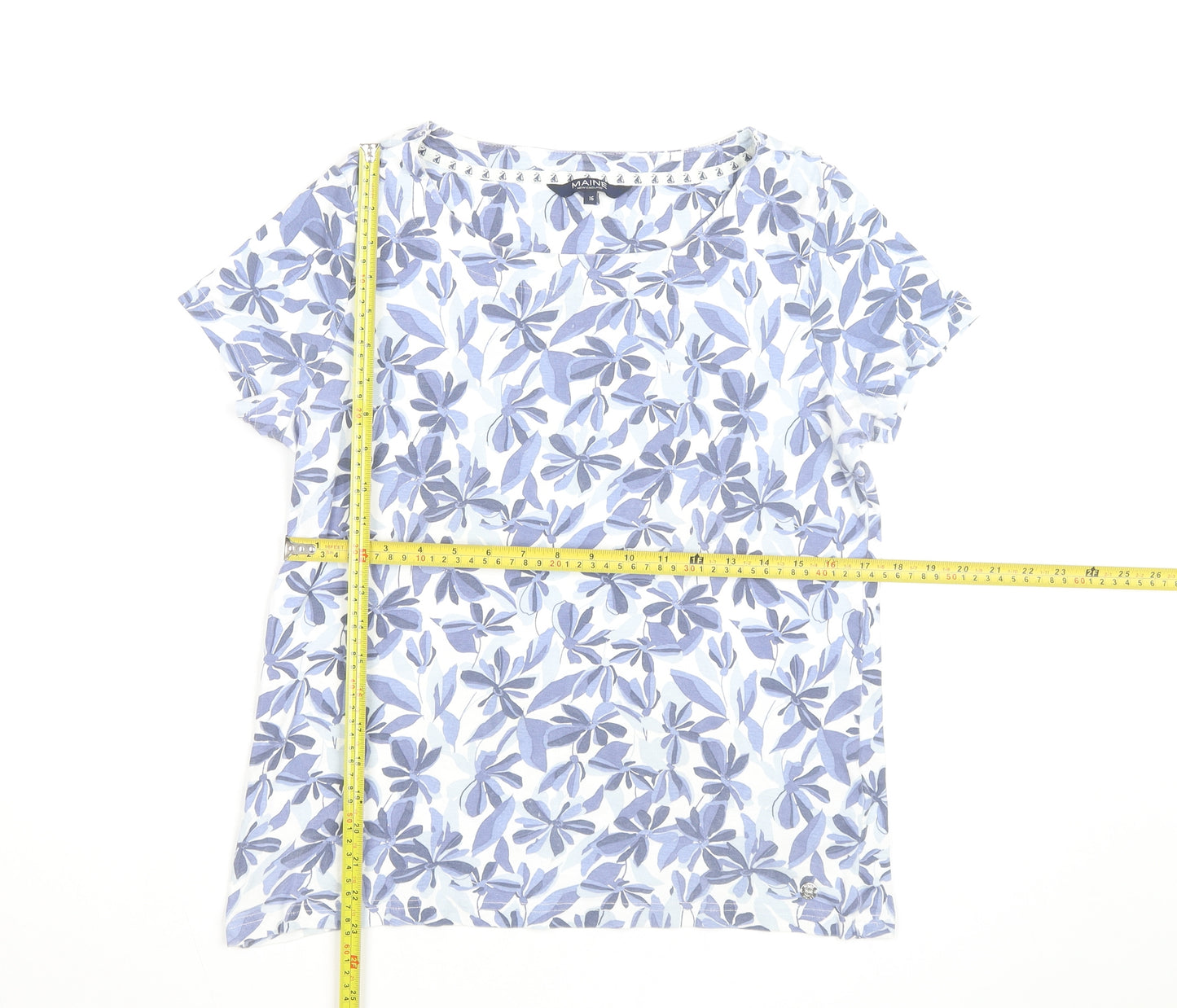 Maine New England Womens Blue Floral Cotton T-Shirt Size 16