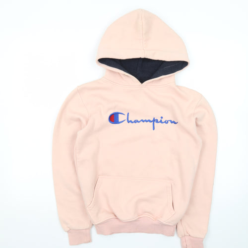 Champion Womens Pink Pullover Hoodie L Embroidered Logo Cotton Blend
