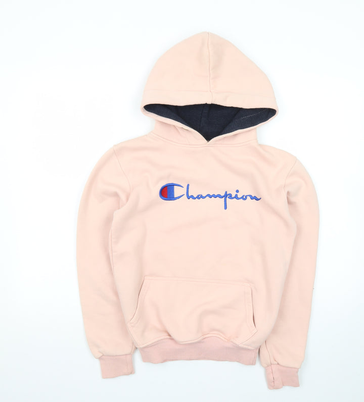Champion Womens Pink Pullover Hoodie L Embroidered Logo Cotton Blend