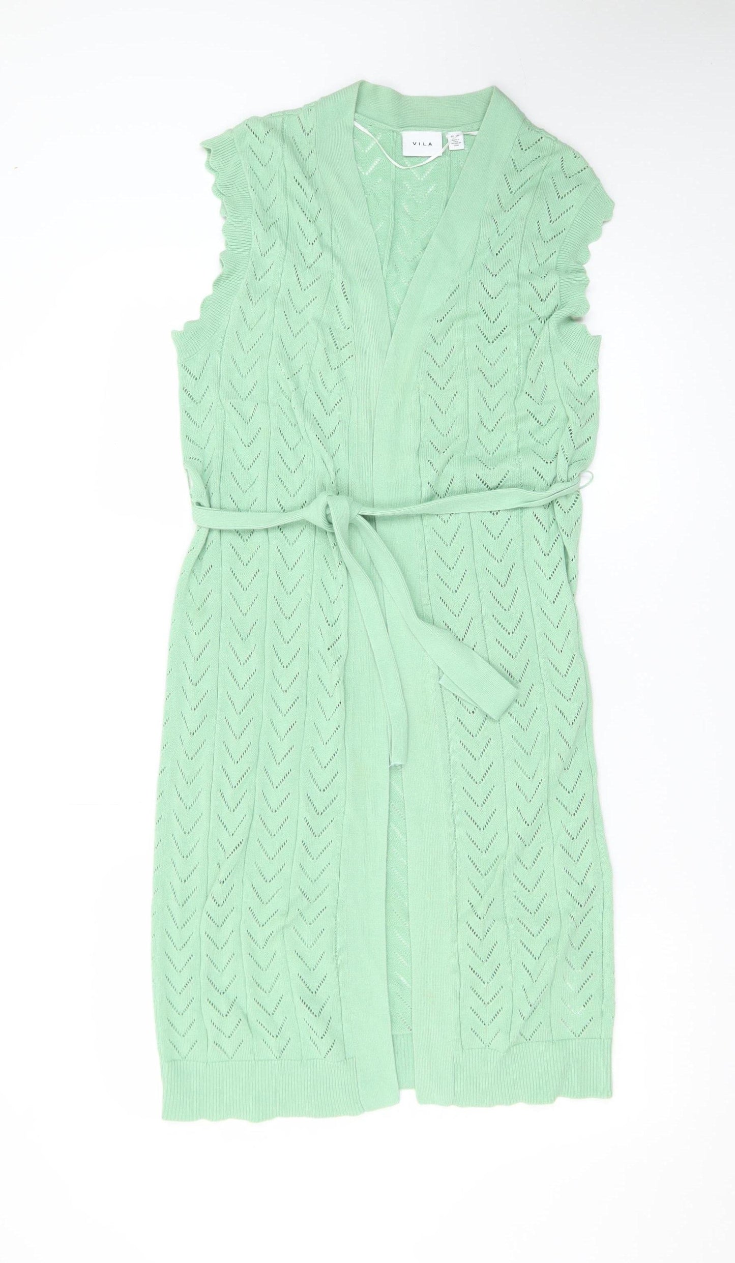 Vila Women Green XS Sleeveless Open Knit Belted Cardigan