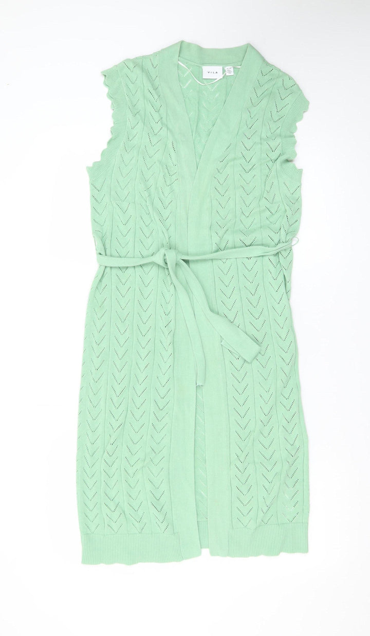 Vila Women Green XS Sleeveless Open Knit Belted Cardigan