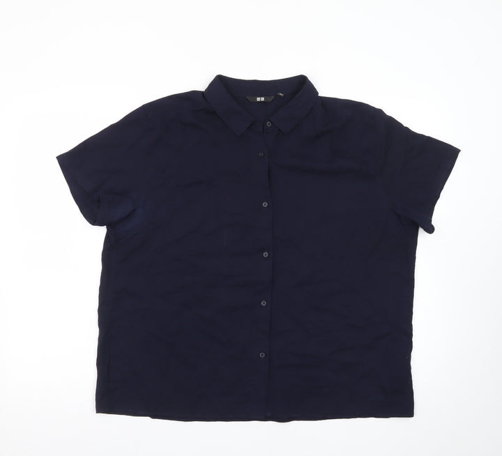 UNIQLO Women’s Navy Blue Short Sleeve Collared Button-Up Shirt L