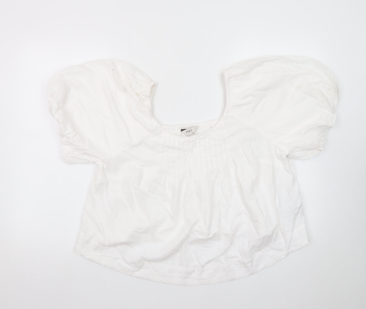 Marks and Spencer Women's White Linen Blend Puff Sleeve Blouse Size 12