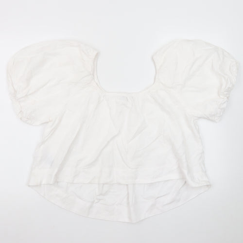 Marks and Spencer Women's White Linen Blend Puff Sleeve Blouse Size 12