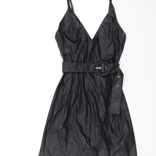 Bershka Womens Black Faux Leather Slip Dress XS Belted Partywear