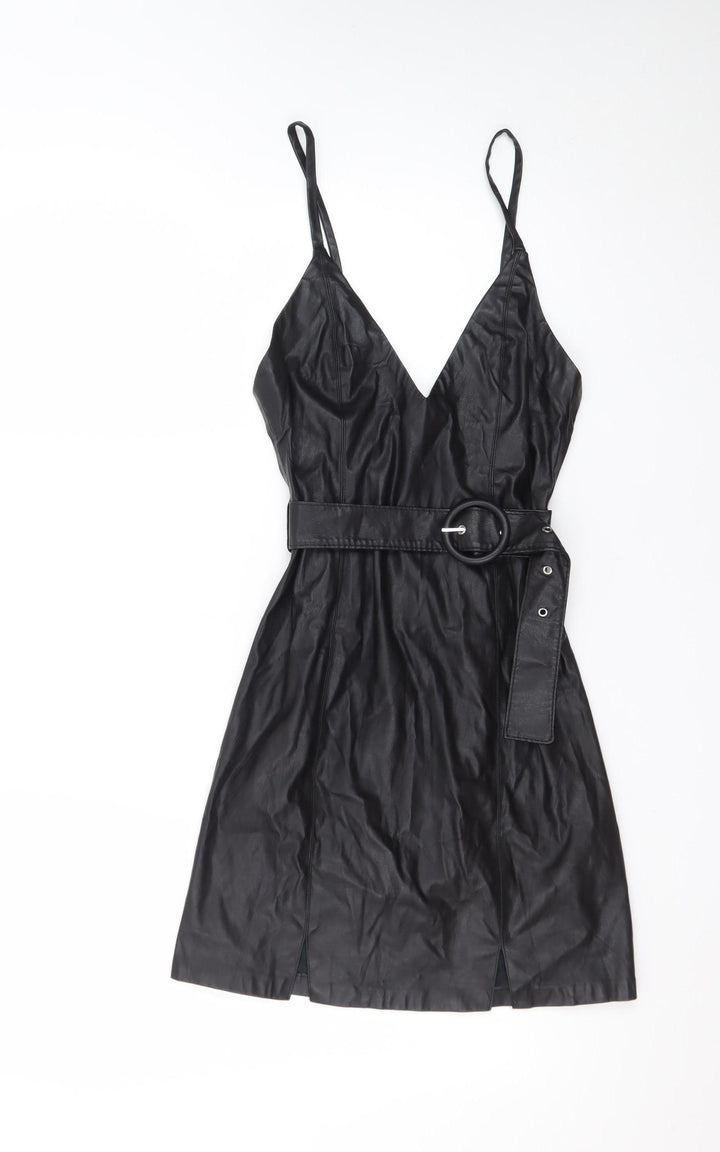Bershka Womens Black Faux Leather Slip Dress XS Belted Partywear